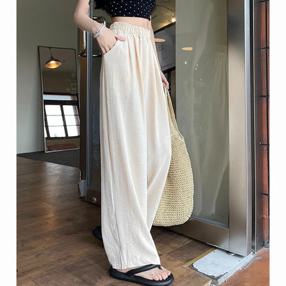 Summer Women Sweet Colorful Ice Silk Pants Lady Baggy Versatile Elastic Straight Leg Trousers Female Wide Leg High Waisted Pants