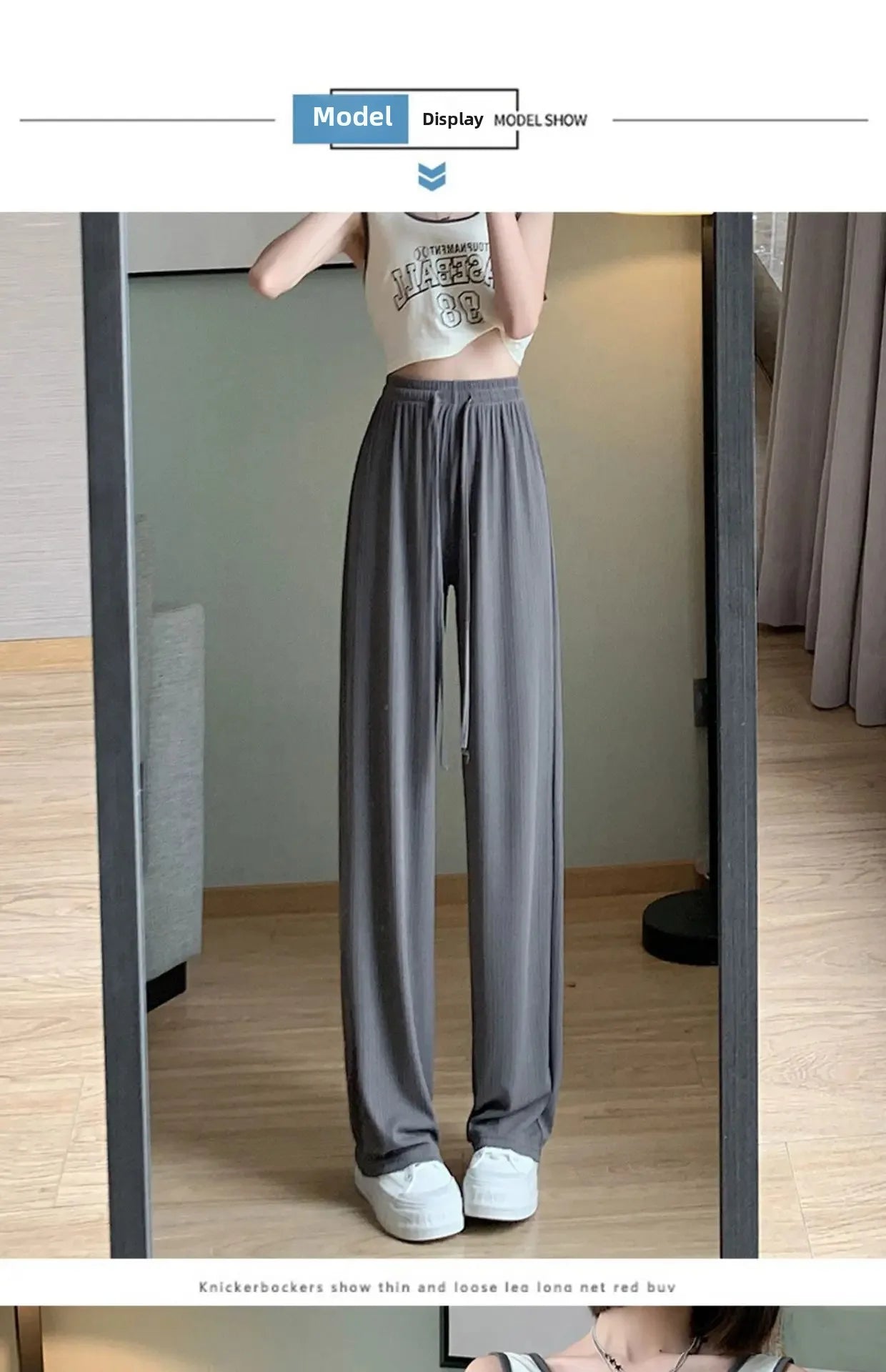 Ice Silk Wide Leg Pants Women's Summer Thin Narrow Version 145 Small Size Drape Straight High Waist Stripe Casual Trousers 150
