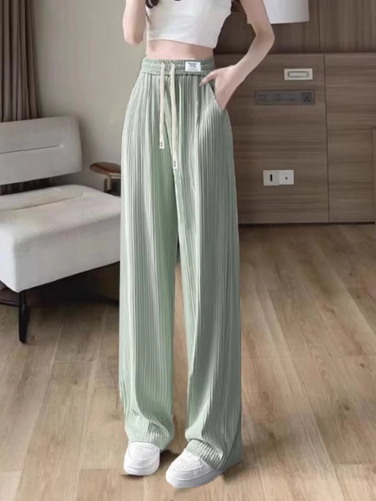 Ice Silk Wide Leg Pants Women's Summer Thin Hanging Sense Small Casual Summer Cool Straight Tube Pants High Waist Nine Points
