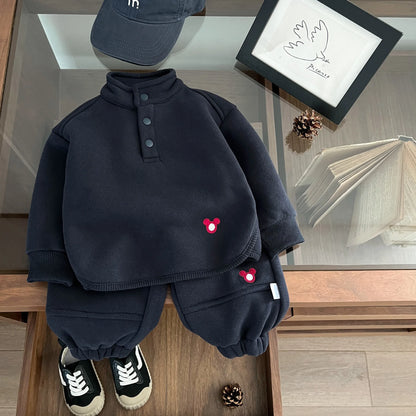 2024 Winter New Baby Boys Fleece Sweatshirt + Sweat Pants 2pcs Suit Infant Plus Velvet Thick Clothes Set Toddler Warm Outfits