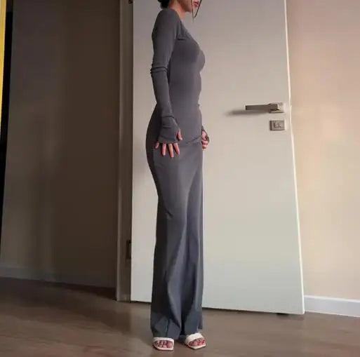 Womens Dresses  Spring Autumn New Fashion Sexy Skinny Hip Hugging Comfortable Solid Color Casual Round Neck Long Dress