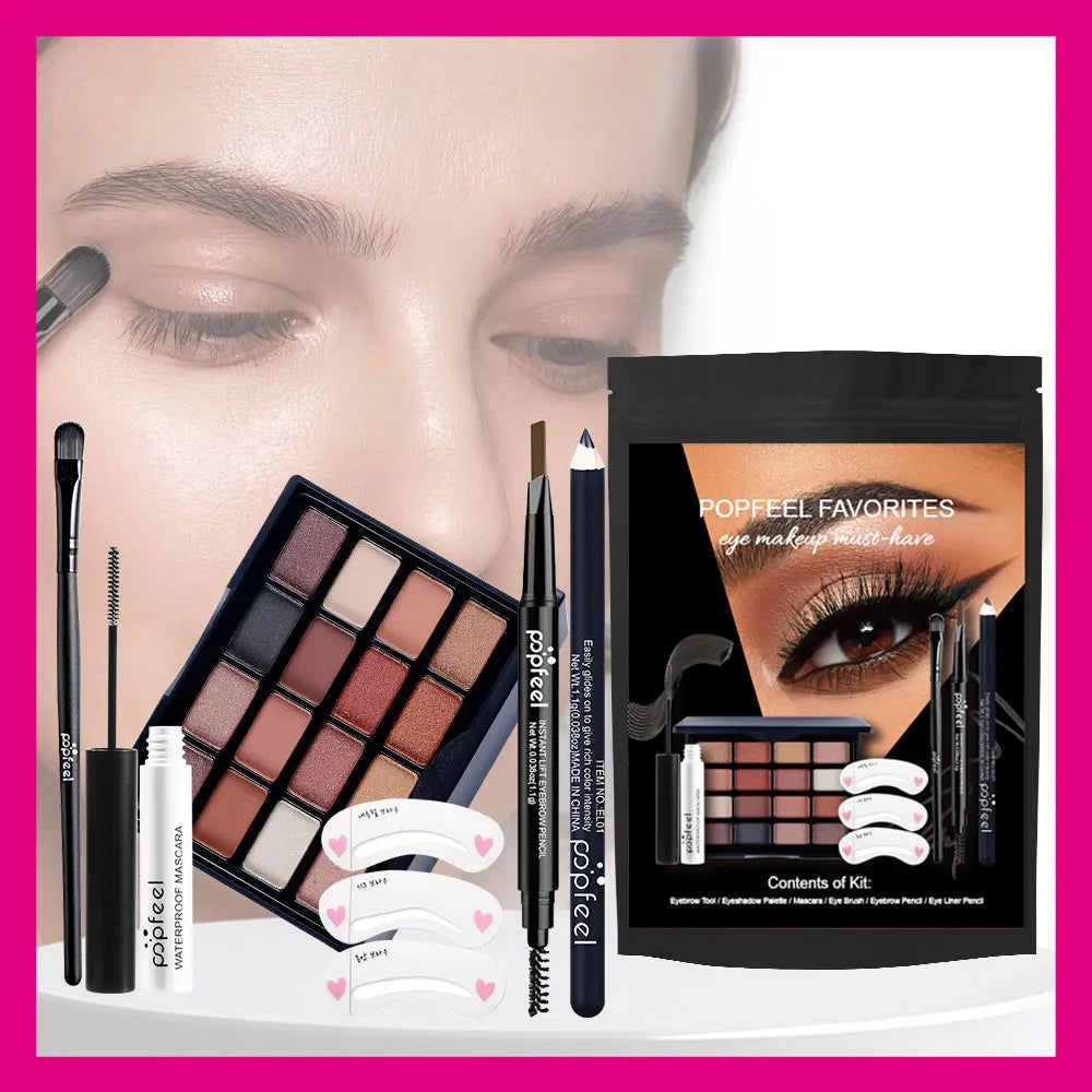 POPFEEL 6-Piece Eye Makeup Set-with 16 Color Eyeshadow Palette, Mascara, Eyebrow Pencil, Eyeliner, Brush,and Eyebrow Stencils .