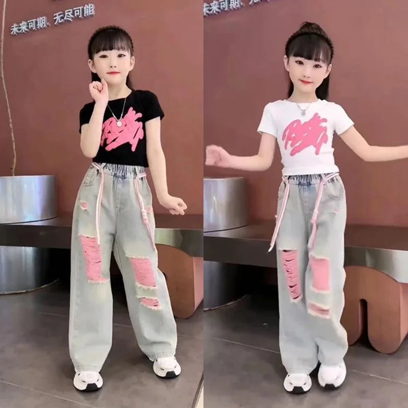 Kids Child New Jeans T-shirt 2 Pieces Clothing Set for Teen Girl High Fashion Streetwear Outfits Drawstring Pants & Tees Suit