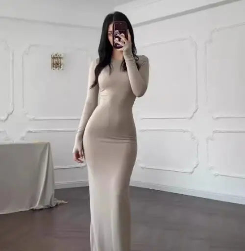 Womens Dresses  Spring Autumn New Fashion Sexy Skinny Hip Hugging Comfortable Solid Color Casual Round Neck Long Dress