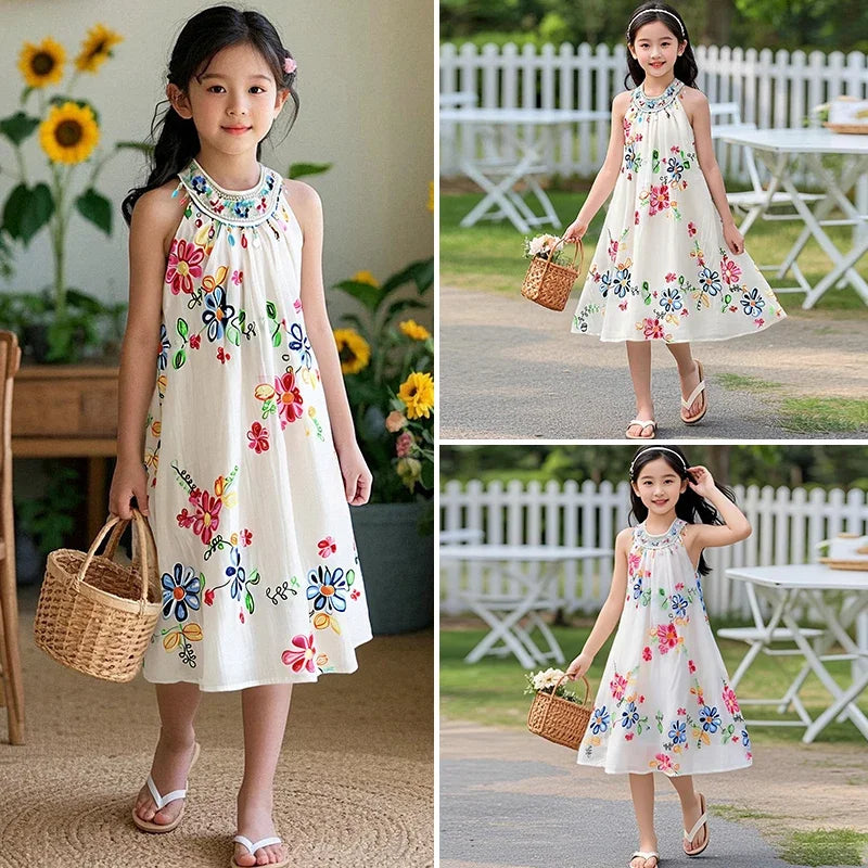 Girls Sequin Floral Collar Princess Dress Summer Fashion Flowers Print Girls Clothes Round Neck Solid Color Kids Costume