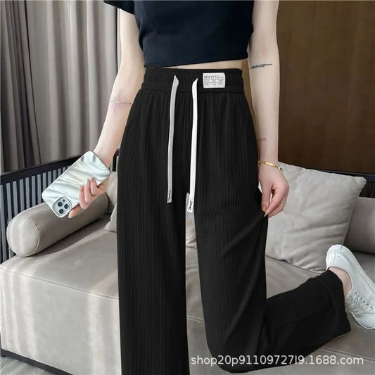 Ice Silk Wide Leg Pants Women's Spring Summer Autumn Thin High Waist Loose Straight Casual Long Trousers Comfortable Polyeste...