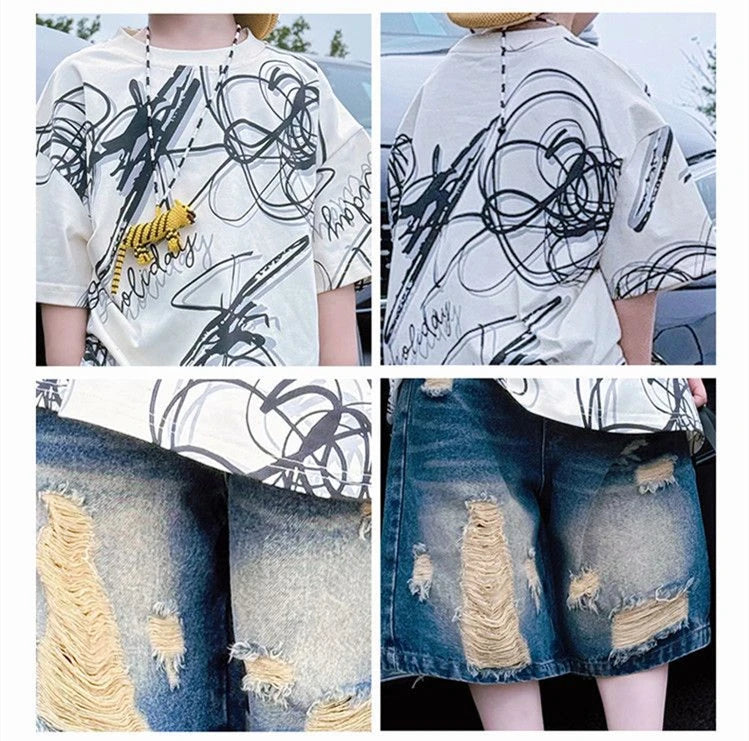 Summer children boys fashion casual T shirt hole jeans sets suits