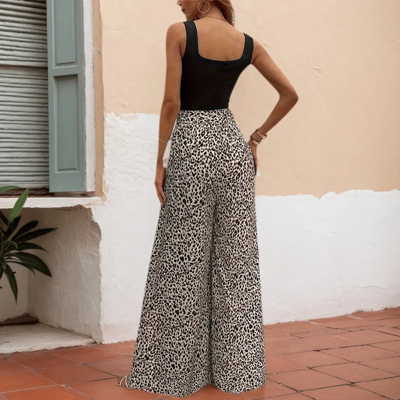 Women Sexy Leopard Print Wide Leg Pants High Waisted Elastic Flowy Palazzo Trousers Summer Boho Vacation Casual Bottoms
