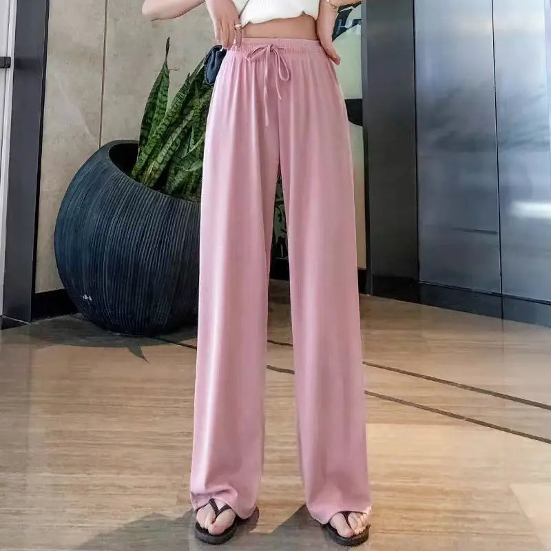 New Women Ankle-Length Wide Leg Pants Casual Summer Solid Elastic Waist Loose Ice Silk Pants Spring Summer Female Trousers