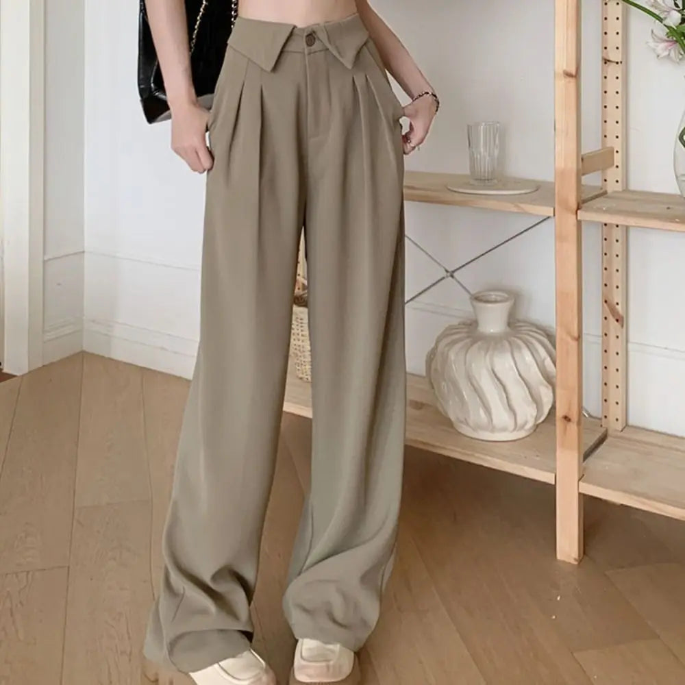 Simple Loose Straight Leg Pants Workout Trousers High Waist Casual Pants Women Drape Feeling Autumn Flip Up Suit Pants Female