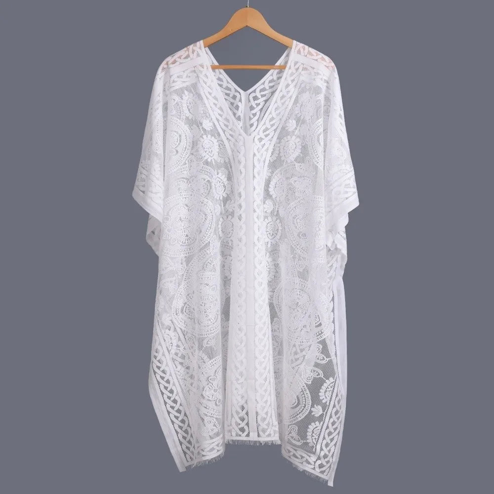 Breathable Lace Mesh Sunscreen Beach Cover Up Plus Size Casual Bohemian Shawl Transparent Floral Swimsuit Cover Up Vacation