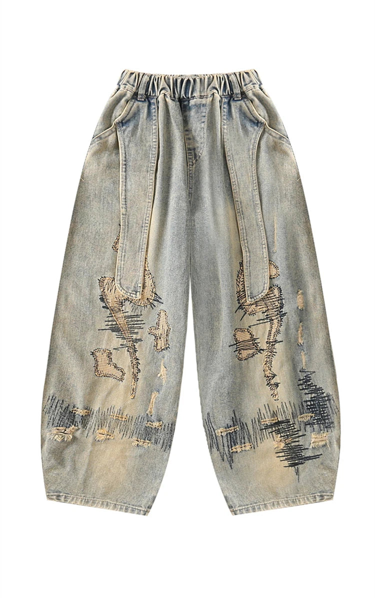 Korean Boy Luxury Hip Hop y2k Baggy Ripped Jeans Kids High Street Fashion Hiphop Rap Dance Denim Pants Child Performance Trouser