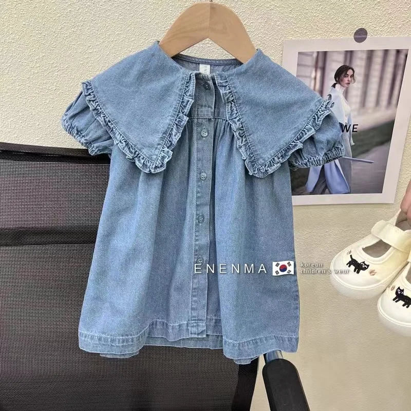 Children's Dress Summer Girl's Fashionable Bubble Sleeves Denim Dress Baby Cotton Short Sleeves Flip Collar Princess Dress
