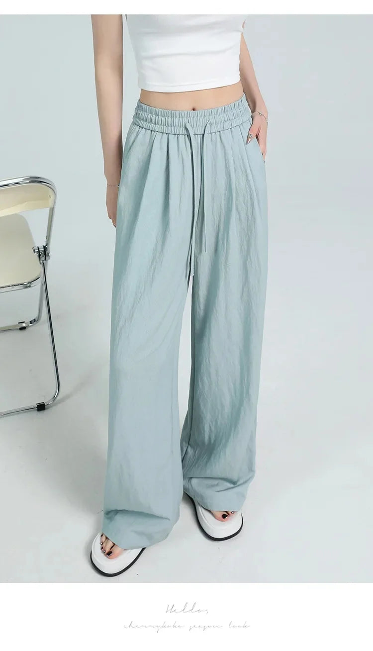 White Ice Silk Wide Leg Pants Women's Summer Thin High Waist Slimming Casual Versatile Elastic Waist Draped Straight Leg Trouser