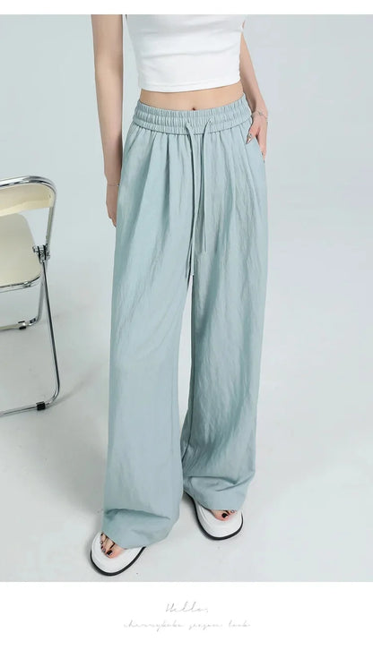 White Ice Silk Wide Leg Pants Women's Summer Thin High Waist Slimming Casual Versatile Elastic Waist Draped Straight Leg Trouser