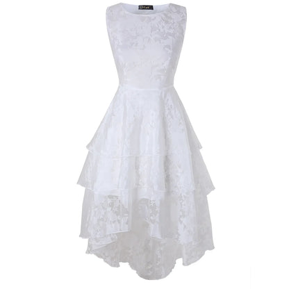 Summer High Low Retro Dress Vintage Women Sleeveless Front Back Short Long Organza Lace Dress Ladies Elegant Party Dress