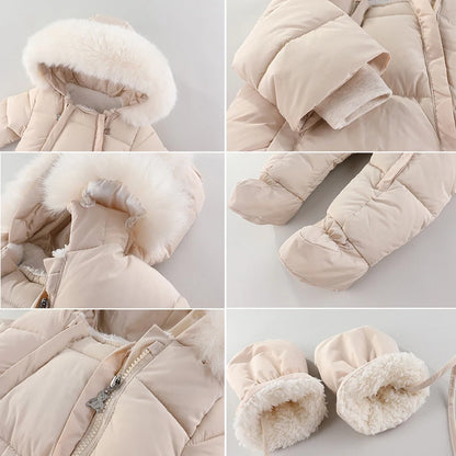 Winter Newborn Baby Romper With Gloves Warm Baby Girl Clothes Thicken Plus Velvet Baby Jumpsuit Hooded Infant Clothing 0-18M