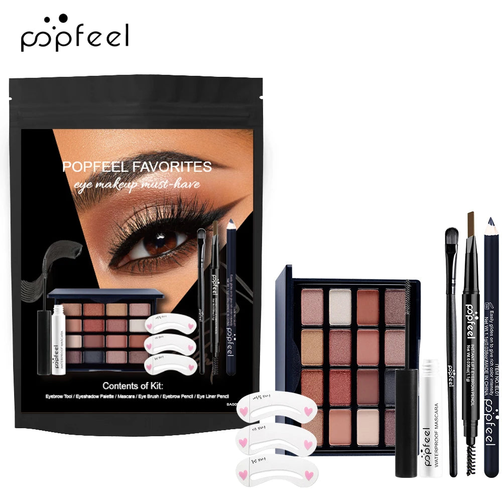 POPFEEL 6-Piece Eye Makeup Set-with 16 Color Eyeshadow Palette, Mascara, Eyebrow Pencil, Eyeliner, Brush,and Eyebrow Stencils .