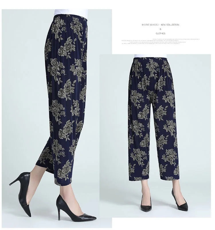Summer Ladies Ice Silk Loose Casual Home Pants Elastic plus Size Mom Square Sports High Waist Straight Leg Length Nine Points