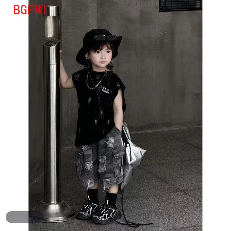 Summer Boys Loose Sleeveless Printed T-Shirt Tops + Hole Shorts  Set Child Outfit Handsome Kids Clothes Boys 2-10Y Vest Suit