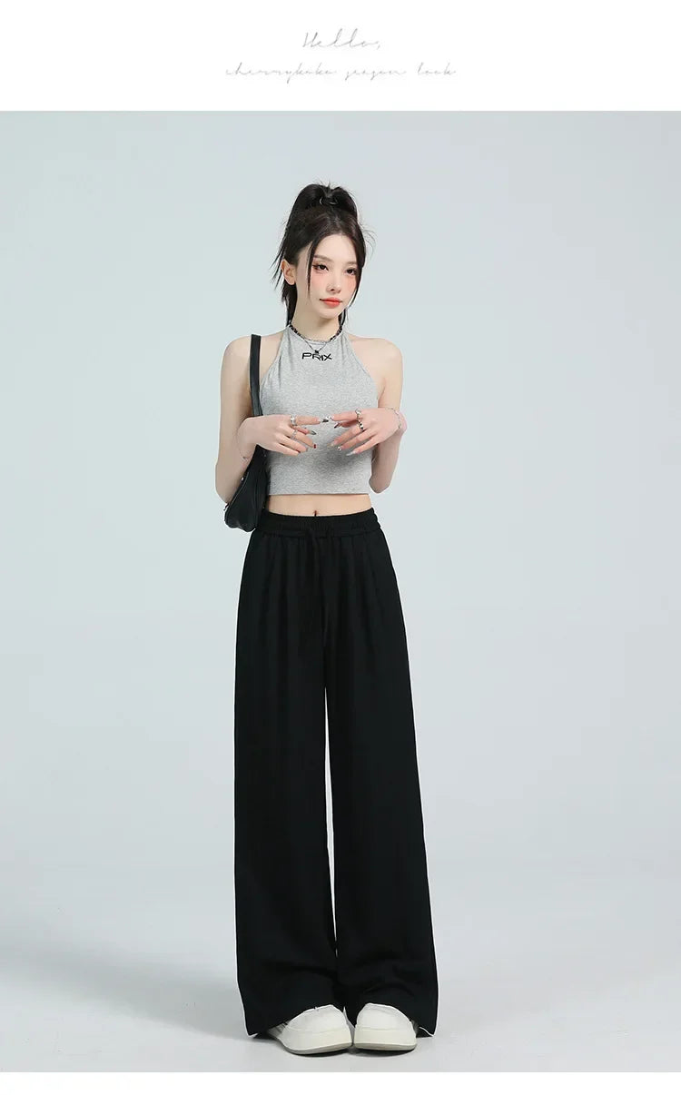White Ice Silk Wide Leg Pants Women's Summer Thin High Waist Slimming Casual Versatile Elastic Waist Draped Straight Leg Trouser