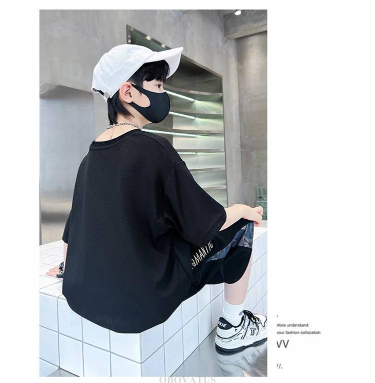 Boys Summer Suit Kids Short Sleeve T-Shirt Sports Casual Outfits for Teenage Boy Clothing Sets With Cartoon Bear
