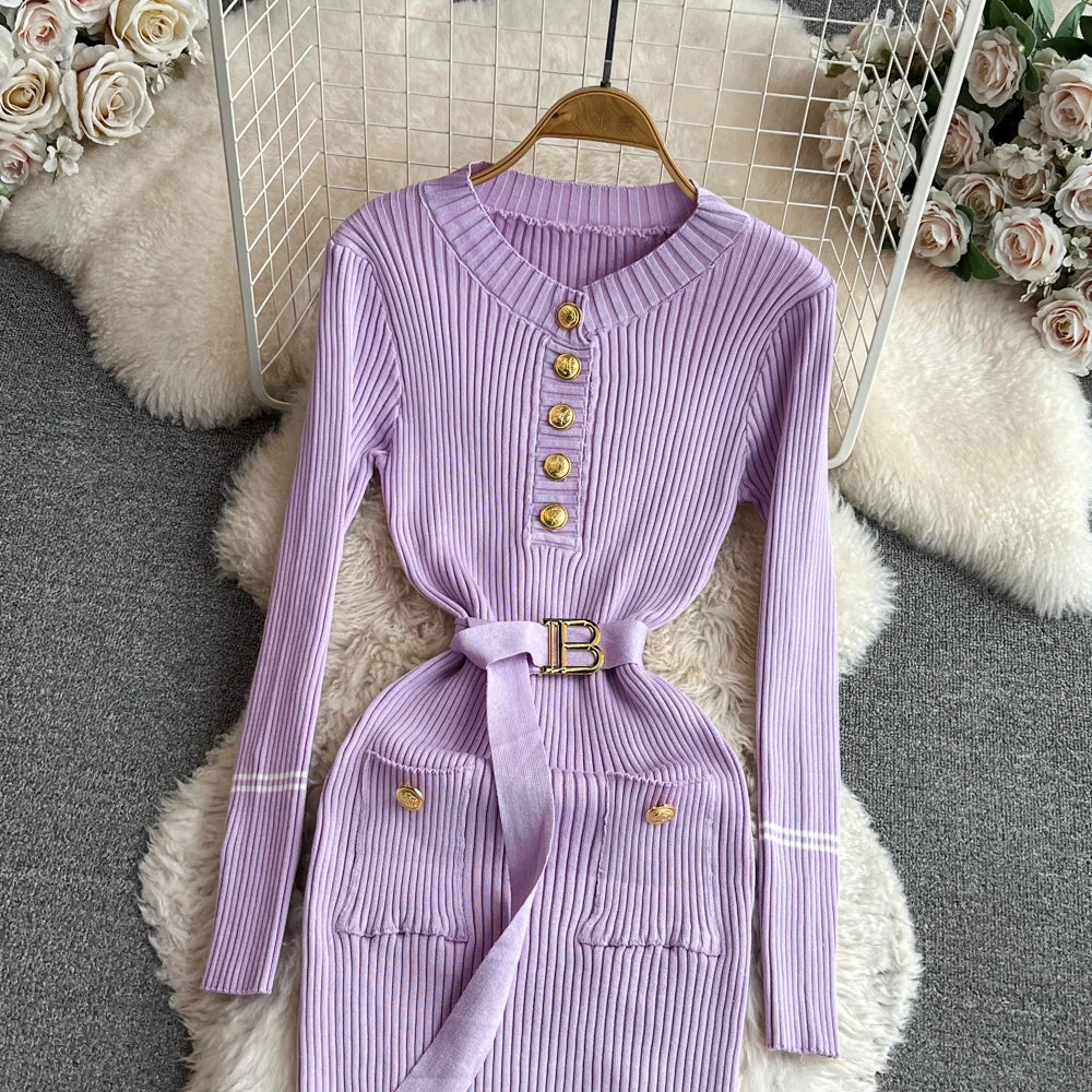 Women Dress  Autumn Winter Elegant Rib Knit Long Pencil Dress with Belt Office Lady Bodycon Sweater Dress Vestidos