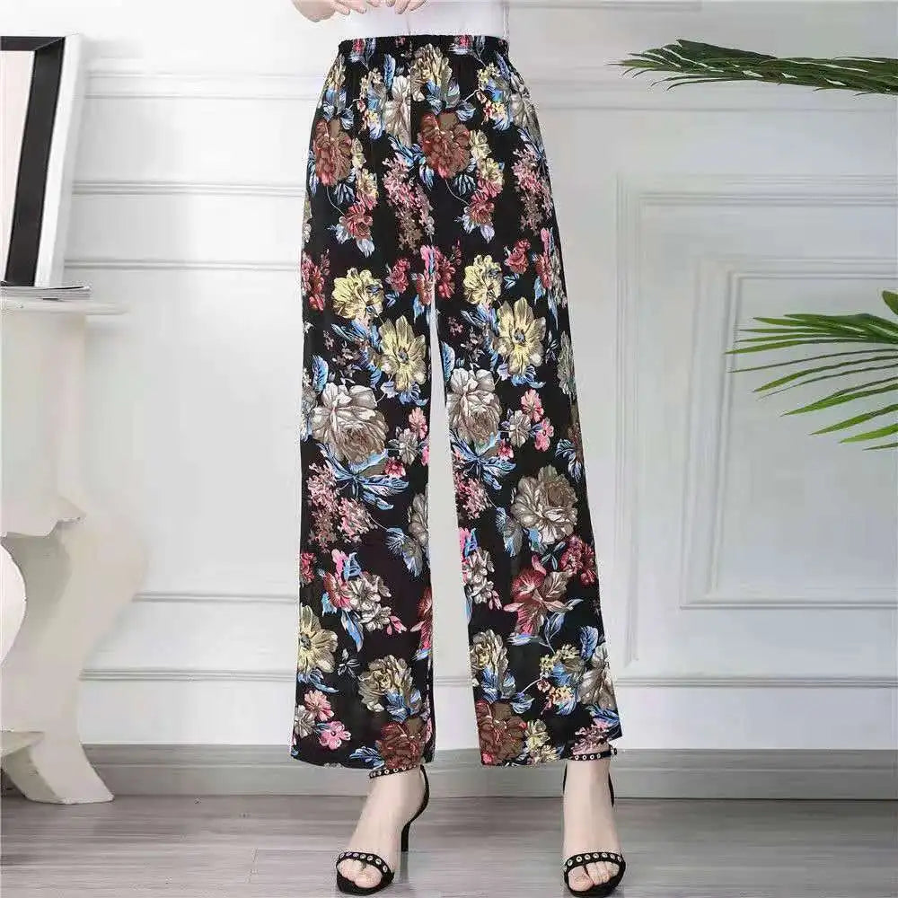 Summer Ladies Ice Silk Loose Casual Home Pants Elastic plus Size Mom Square Sports High Waist Straight Leg Length Nine Points