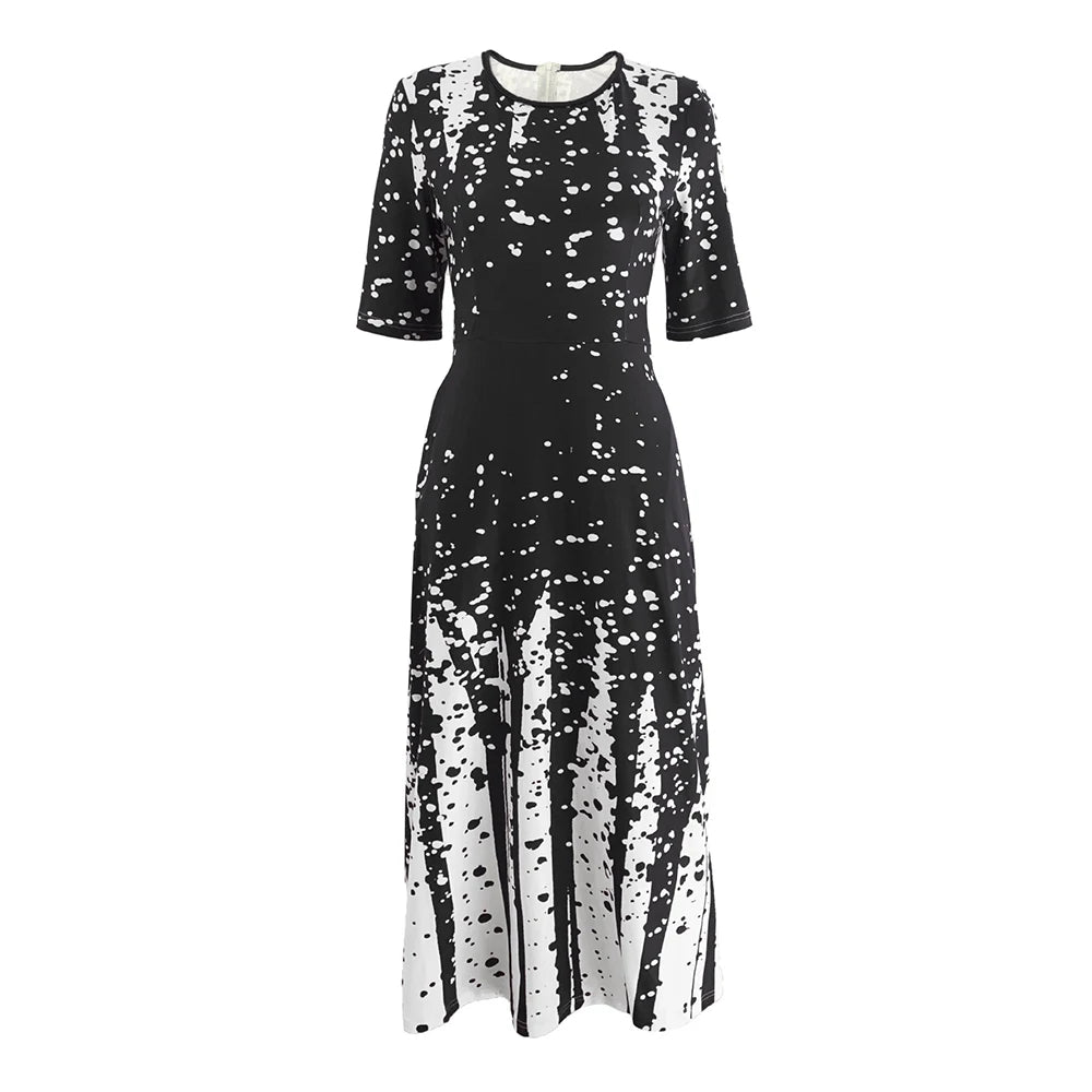 Women's Elegant Party Long Dresses Loose Round Neck Short Sleeves Retro Printed Casual Long Dress