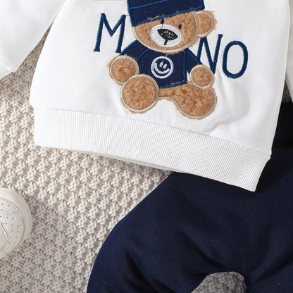 Boys and Girls Autumn and Winter New Cartoon Letter Hat Bear Embroidered Long Sleeve Hoodie Long Pants Two Piece Set