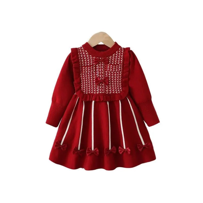 Girls' Dress Winter New Style Western Dress Children's Autumn and Winter Princess Dress Baby New Year Red Knitted Dress (Available)