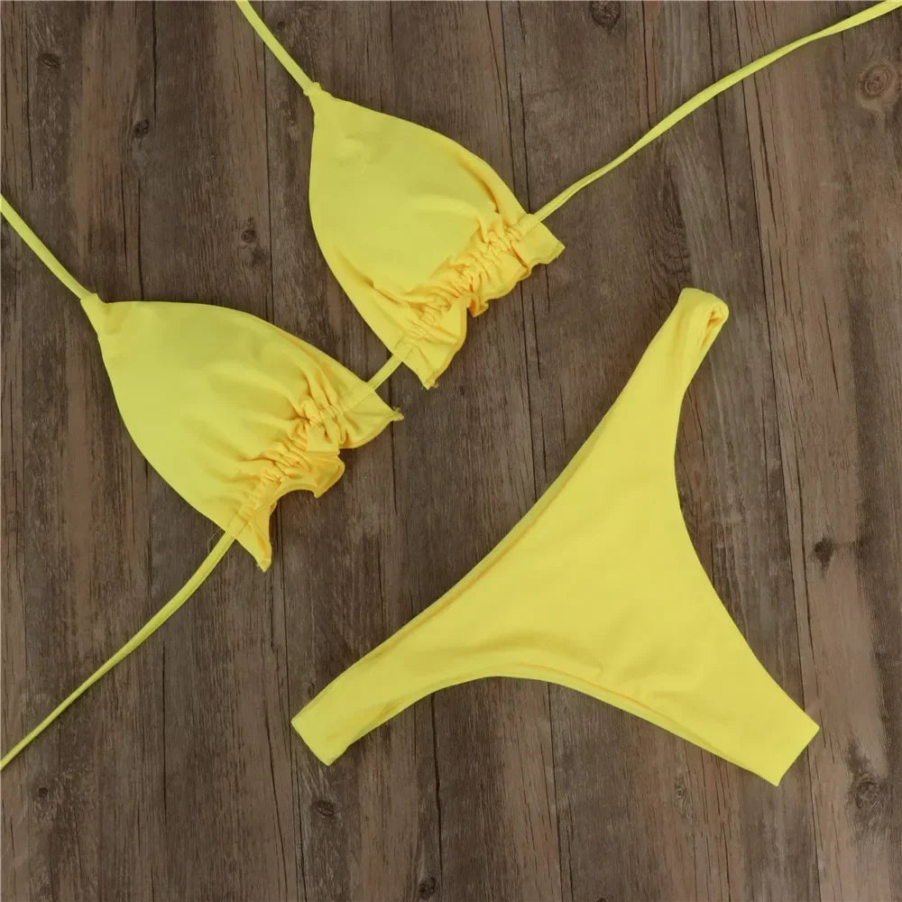 Summer Brazilian Bikini Set Women Sexy Bandage Top Thong Bottom 2 Pieces Set Push-up Swimwear Lace Up Swimsuit Beachwear