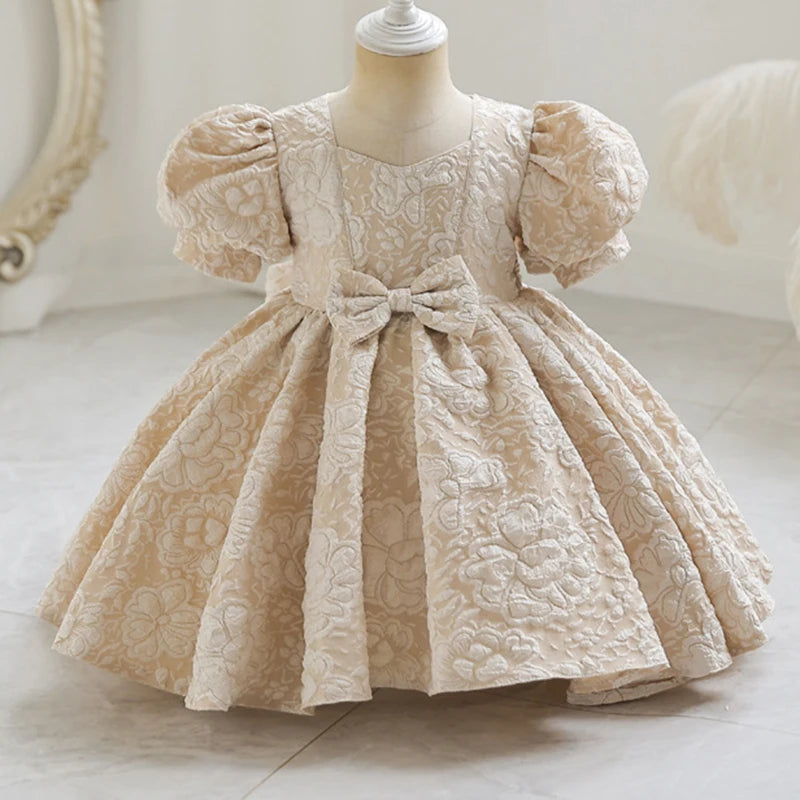 New Bubble Sleeve Girl's First Year Dress Wedding Flower Girl's Birthday Dress Bowknot Sweet Lovely Puffy Dress