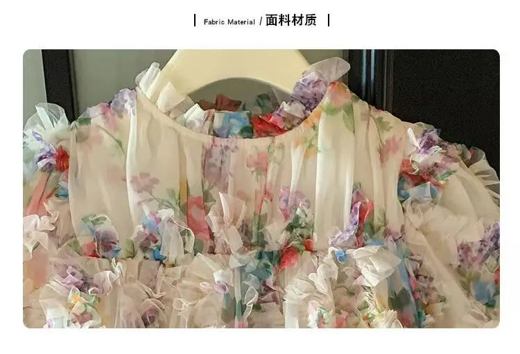 New Baby Girls floral print Fall Mesh Long Sleeve Dress Princess Kids Sweet Party Dresses