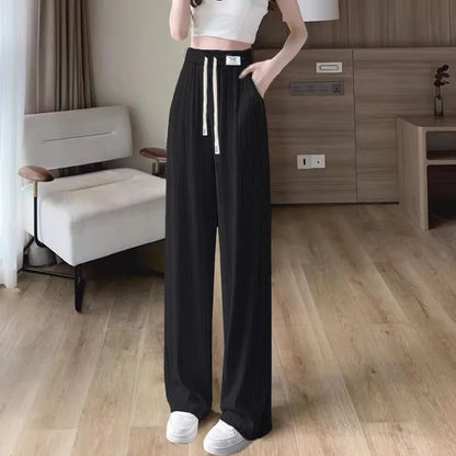 Ice Silk Wide Leg Pants Women's Summer Thin Hanging Sense Small Casual Summer Cool Straight Tube Pants High Waist Nine Points