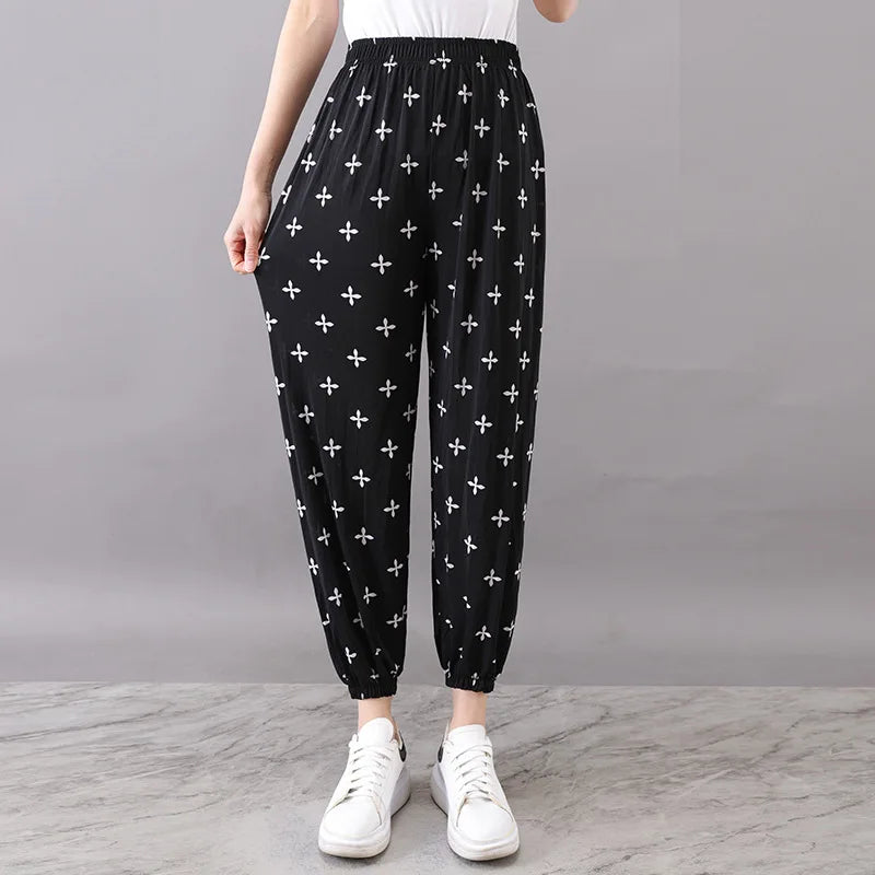 High Waist Floral Pants Straight Leg Home Leisure Women's plus Size High Elasticity Air Conditioning Pants Casual Trousers