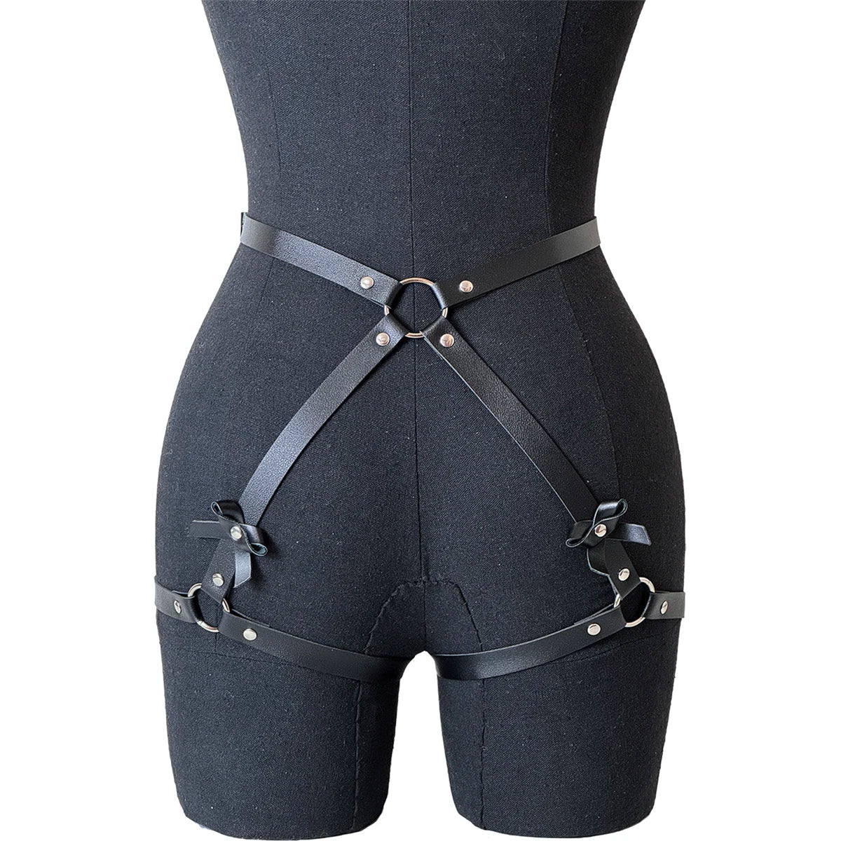 Women PU Leather Decor Harness Sexy Bow Bondage Suspender Erotic Lingerie Thigh Garter Belt Adjustable Waist Accessories