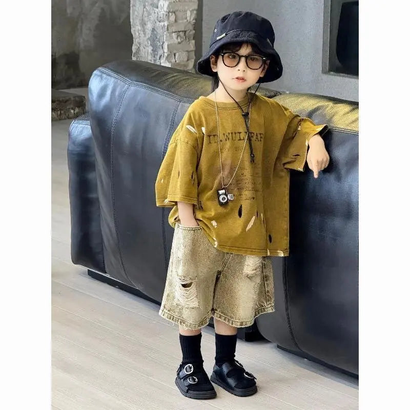 Boys Clothing Set  Korean Loose Shirts+shorts 2pcs/set Sport Suits for Kids Teenager Tracksuits Casual Baby Outfits Clothes