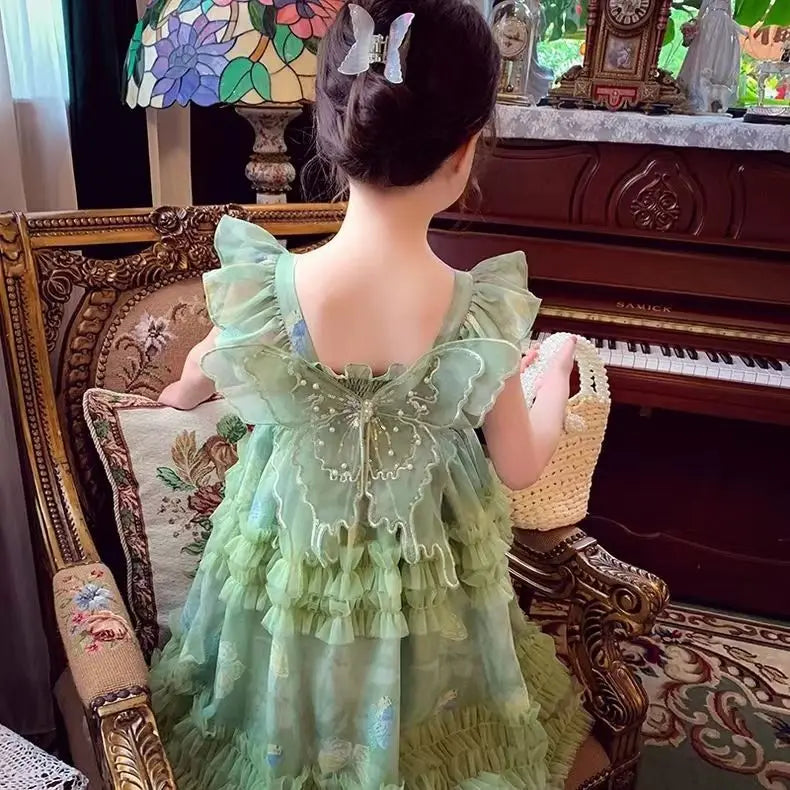 Baby Girls' Summer and Spring New Dress Butterfly Mesh Princess Fashion and Beautiful Kids Outwear Evening Dress