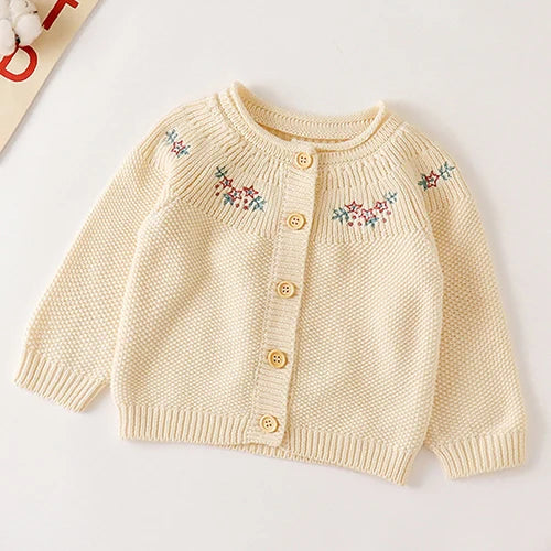Winter Spring Baby Knitted Clothing Long Sleeved Floral Embroidery Knitting Coat Newborn Baby Girls Knitting Cardigan Sweater (Available)