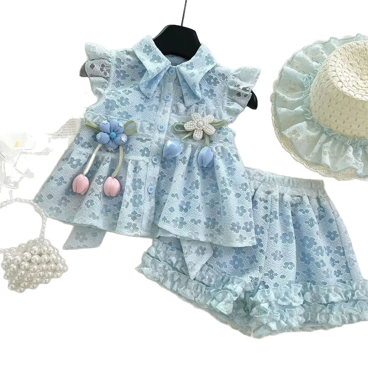 Summer Girls' Suit New Lace Flower Vest Top Lace Shorts Pants Girl Baby Princess Kids Fashion Two Piece Set