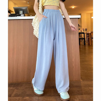 Summer Women Sweet Colorful Ice Silk Pants Lady Baggy Versatile Elastic Straight Leg Trousers Female Wide Leg High Waisted Pants
