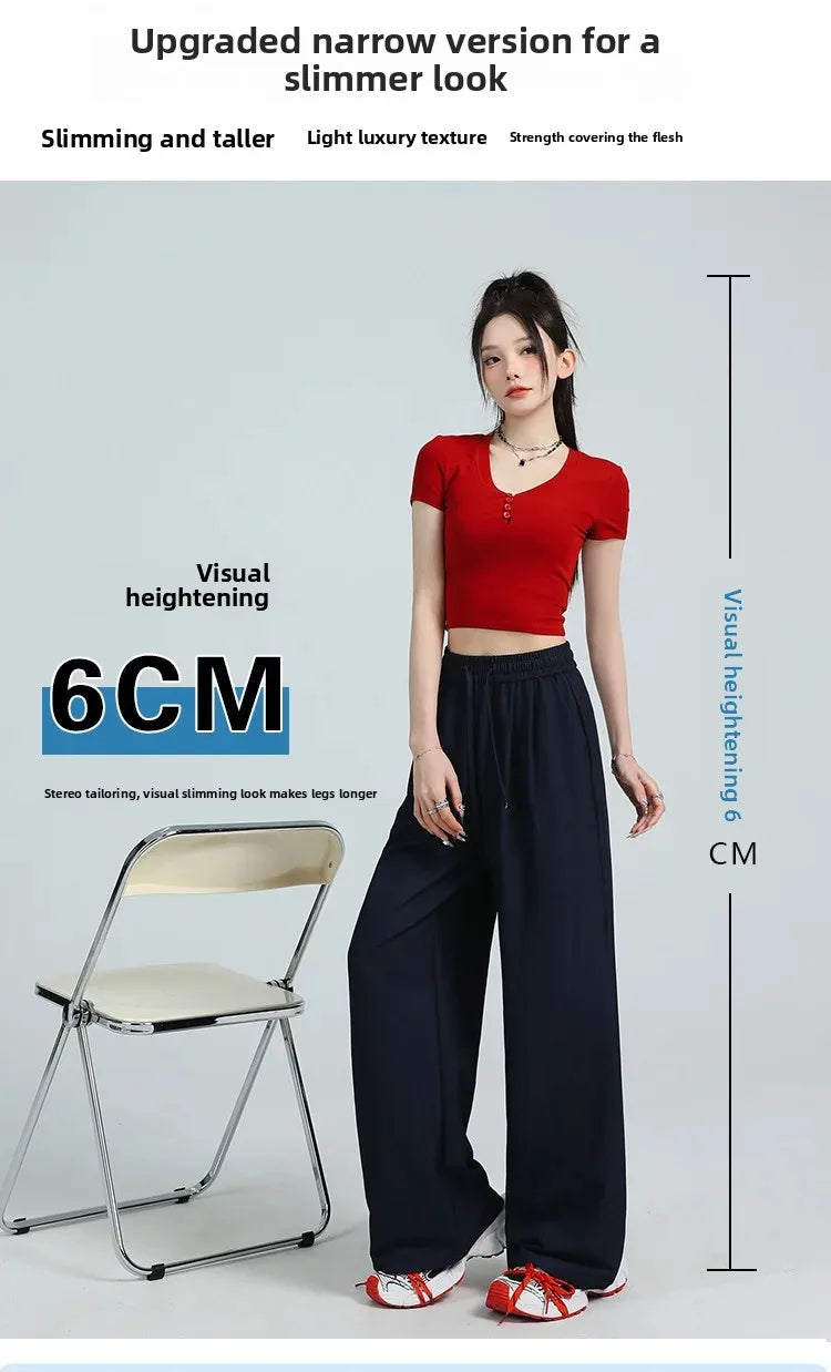 White Ice Silk Wide Leg Pants Women's Summer Thin High Waist Slimming Casual Versatile Elastic Waist Draped Straight Leg Trouser