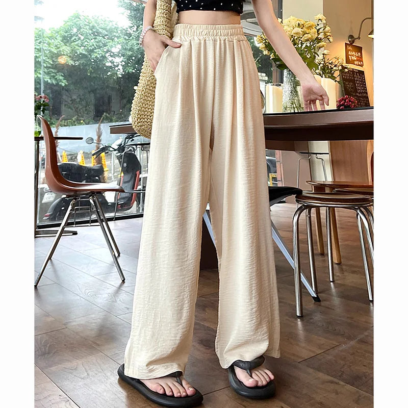 Summer Women Sweet Colorful Ice Silk Pants Lady Baggy Versatile Elastic Straight Leg Trousers Female Wide Leg High Waisted Pants