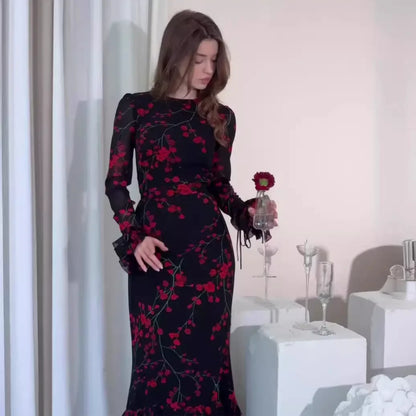 Women's Evening Dresses Summer New Printed French Floral Slim-fitting Retro White Dress for Women