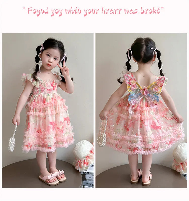 Girl Summer Mesh Dress Doll Baby  Kids Back Butterfly Flower Suspender Princess Dress Fashion Casual