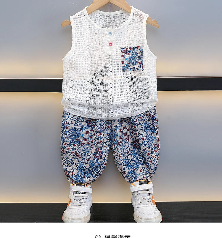 Boys Summer Hollow out Vest Set Breathable Me Svel Long Pants Two Piece Suit Teen Casual Sportswear Cotton Blend orts