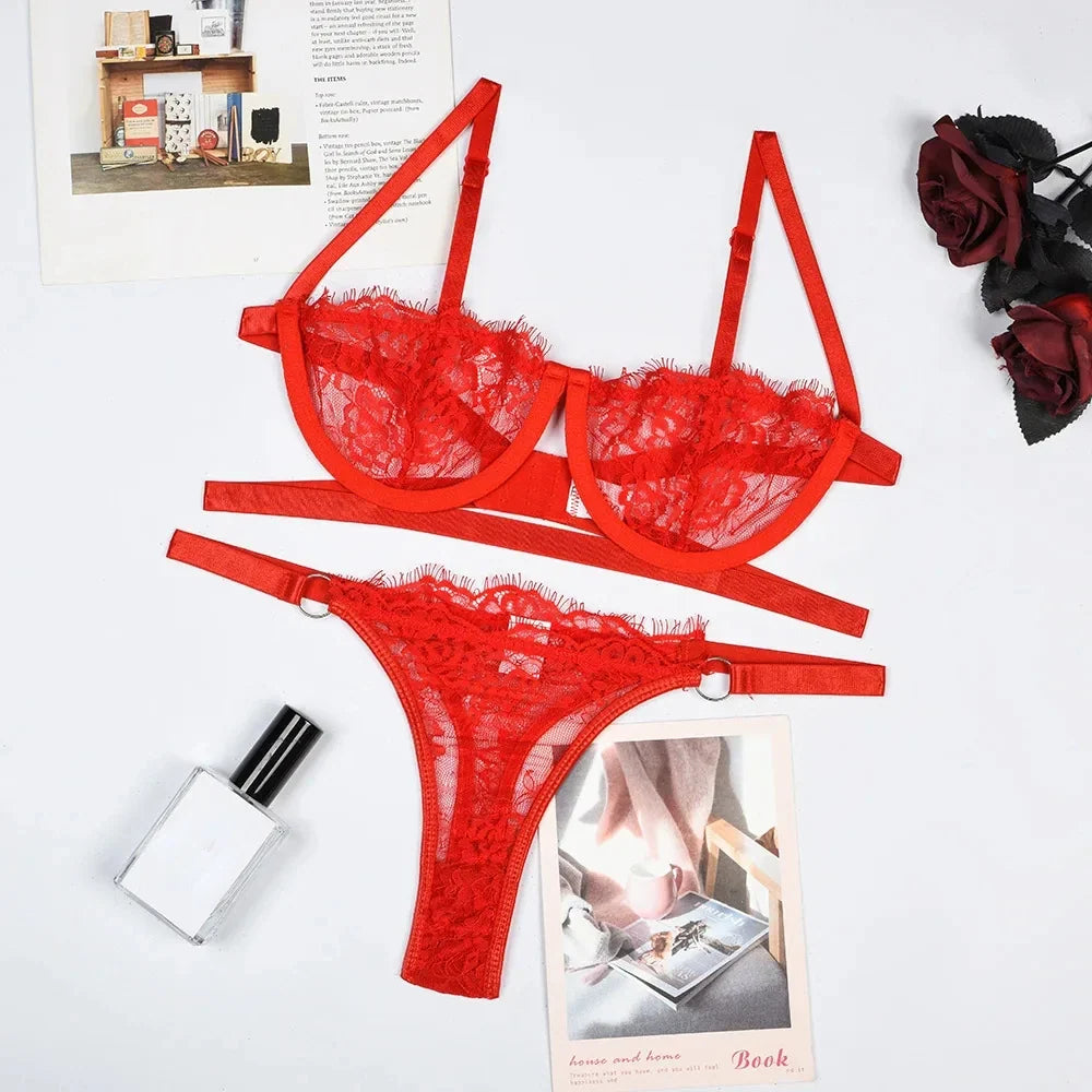 Sexy Lingerie Woman Lace Transparent Underwear Fairy Embroidery Brief Sets Delicate Bra Kit Push Up Breves Sets Thin Erotic Bras