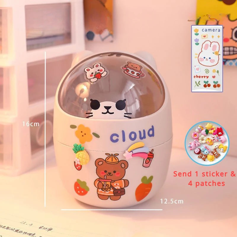 Mini Desktop Trash Can Organizer Cute Bear Multifunction Creative Cosmetic Bucket with Lid Pen Holder Kawaii Stickers Patchers