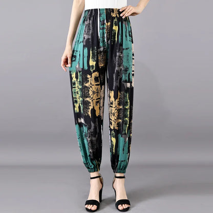 High Waist Floral Pants Straight Leg Home Leisure Women's plus Size High Elasticity Air Conditioning Pants Casual Trousers